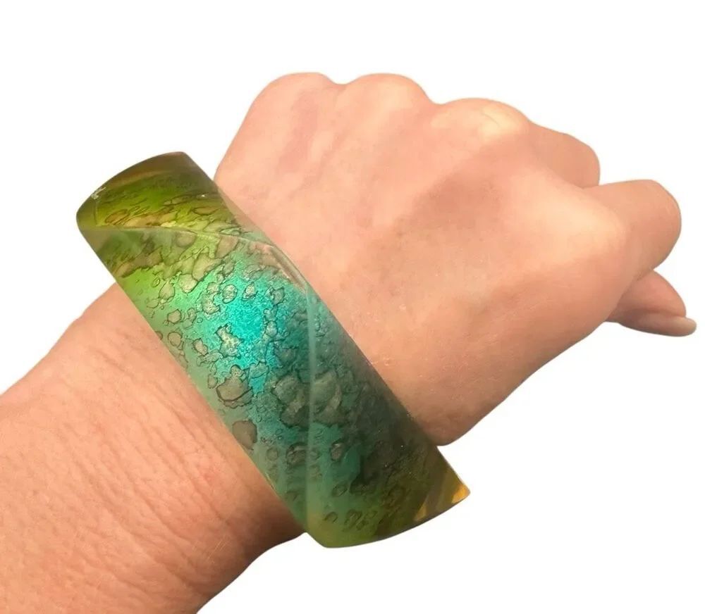 Artisan Resin Bangle Bracelet Green Teal Gold abstract wide statement cuff